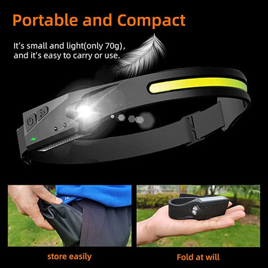 Linterna frontal con sensor LED COB SUPERFIRE HL65 con batería integrada tipo C, lámpara frontal recargable para acampar y pescar