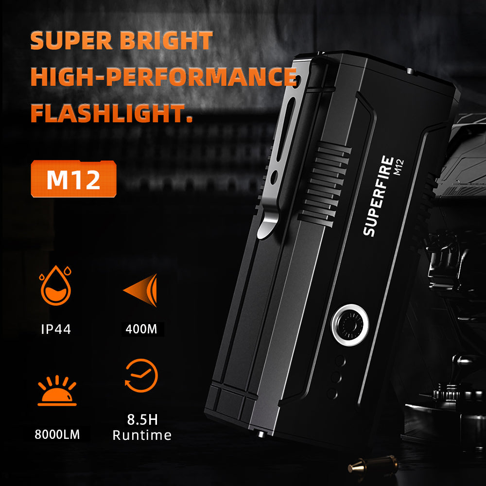 SUPERFIRE M12 Flashlight: 8000 Lumens & NTC Temperature Control
