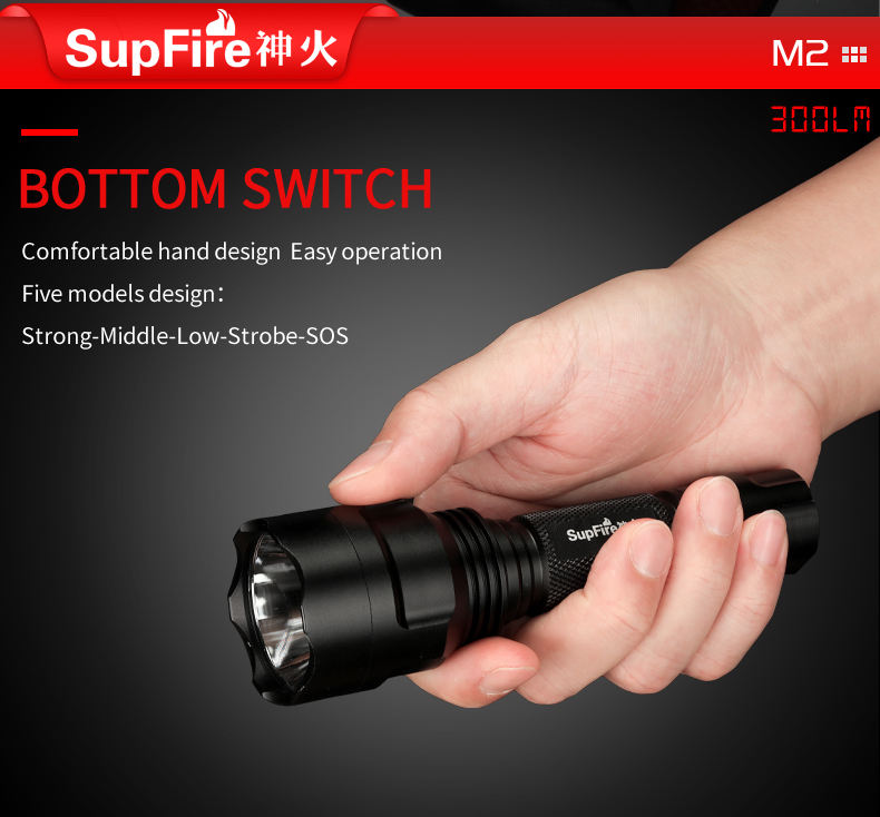 Supfire torch light XPE hunting flashlight rechargeable 18650 battery led torch flashlight flashlights | SUPERFIRE M2