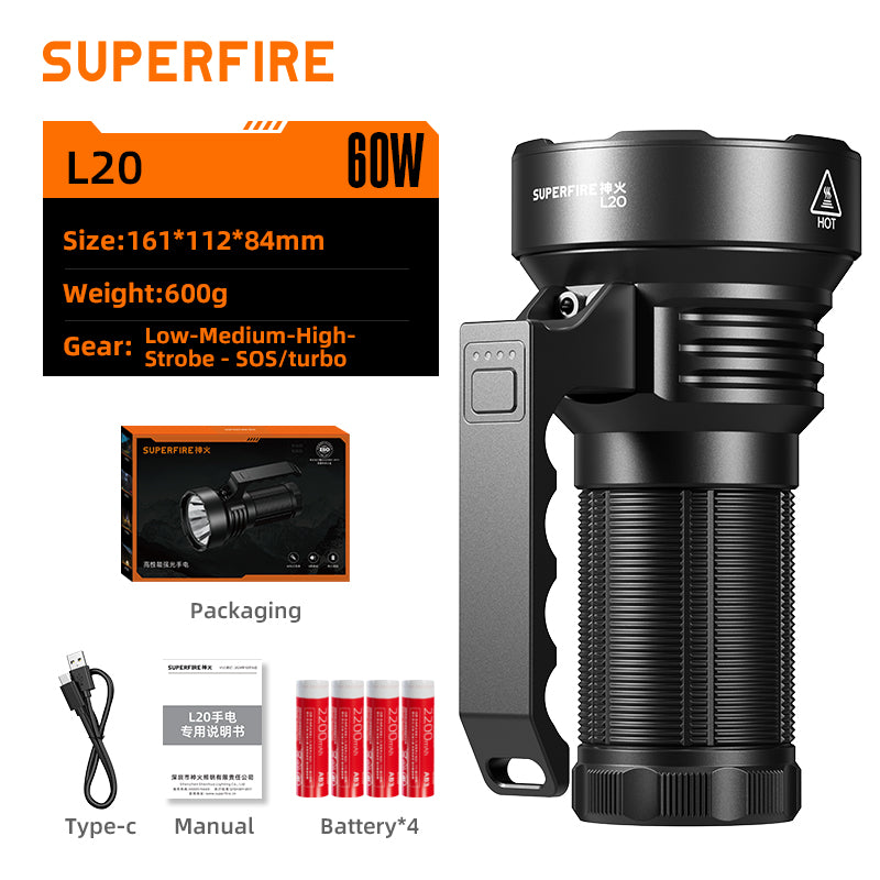 60W Super Bright Handheld Flashlight (Fixed Focus) - Essential Emergency Tool for Camping, Patrol & Daily Commuting,SUPERFIRE L20
