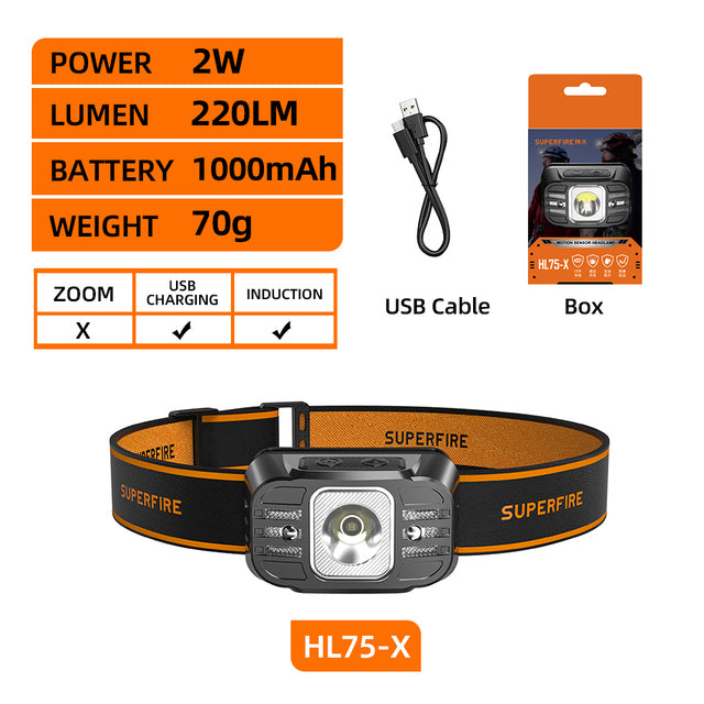 Mini lampe frontale à capteur LED rechargeable lanterne de camping de pêche en plein air réglable | SUPERFEU HL75 