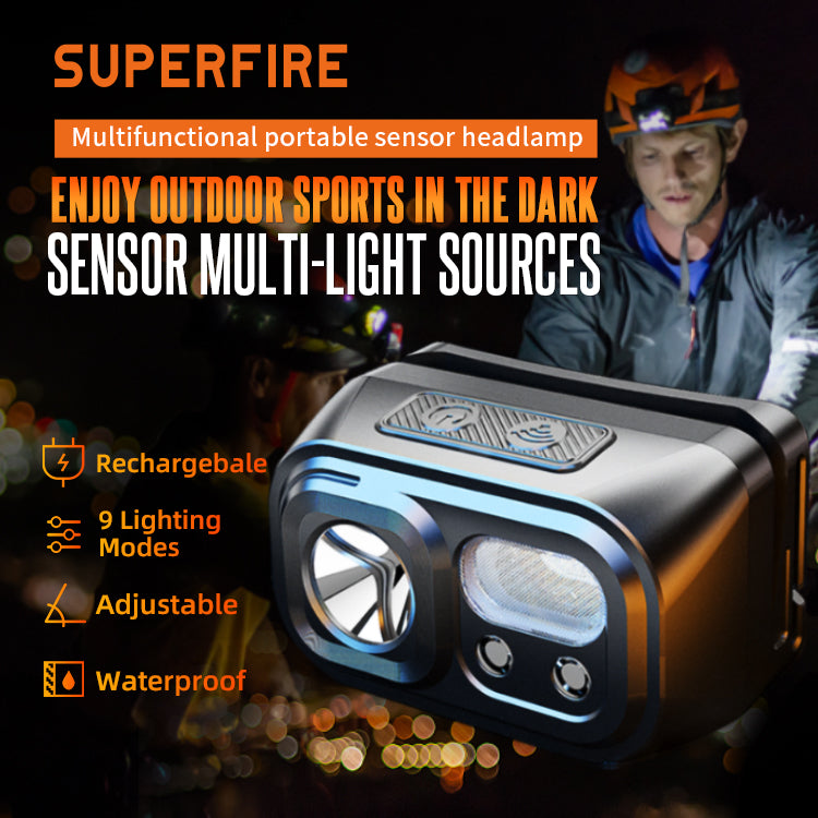 SuperFire frontal led recargable HL06,con sensor recargable, ultraligera,  superbrillante, 650 lúmenes, linterna frontal LED con sensor de movimiento,  luz roja, 5 modos(1pcs negra) : : Deportes y aire libre