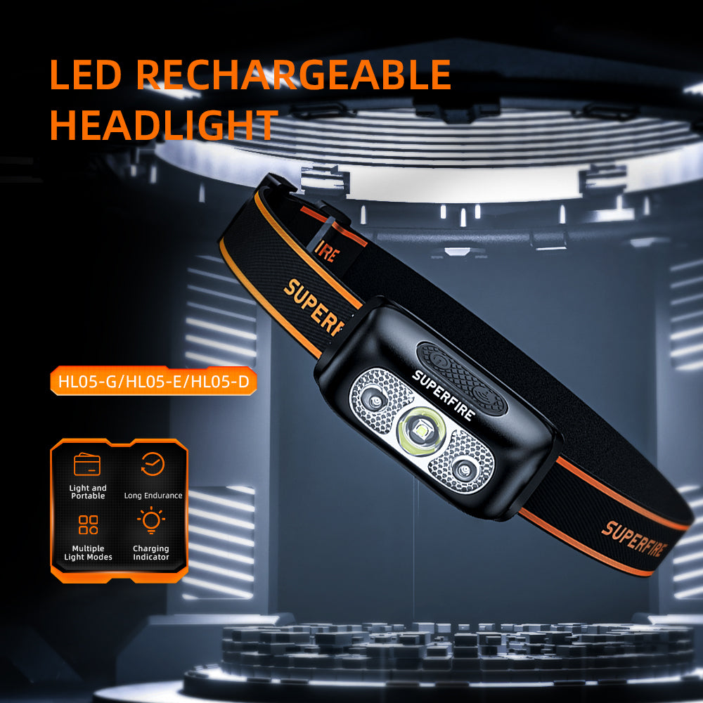 LED USB Rechargeable Head Lamp with Adjustable Headband for Adults and Kids Hiking Camping Gear Essentials | SUPERFIRE HL05-G /HL05-E