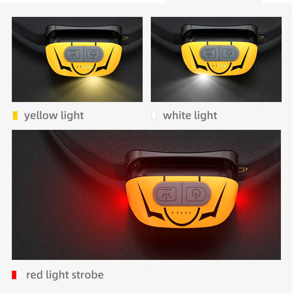 Lampe frontale LED puissante lumière jaune/blanche lanterne de camping capteur de mouvement lampe frontale à gradation continue rechargeable | SUPERFIRE HL05-S 