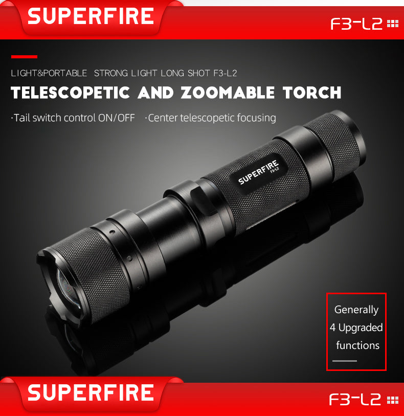 Lampe de poche LED zoomable camping longue distance torche télescope en aluminium | SUPERFEU F3-L2