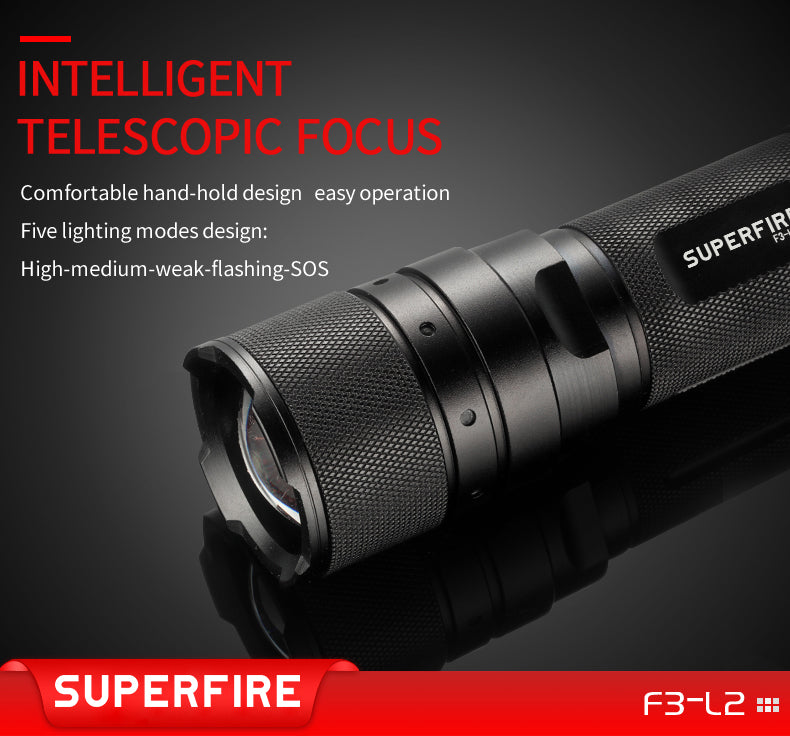 Zoomable Led Flashlight Camping Long Distance Aluminum Telescope Torch | SUPERFIRE F3-L2