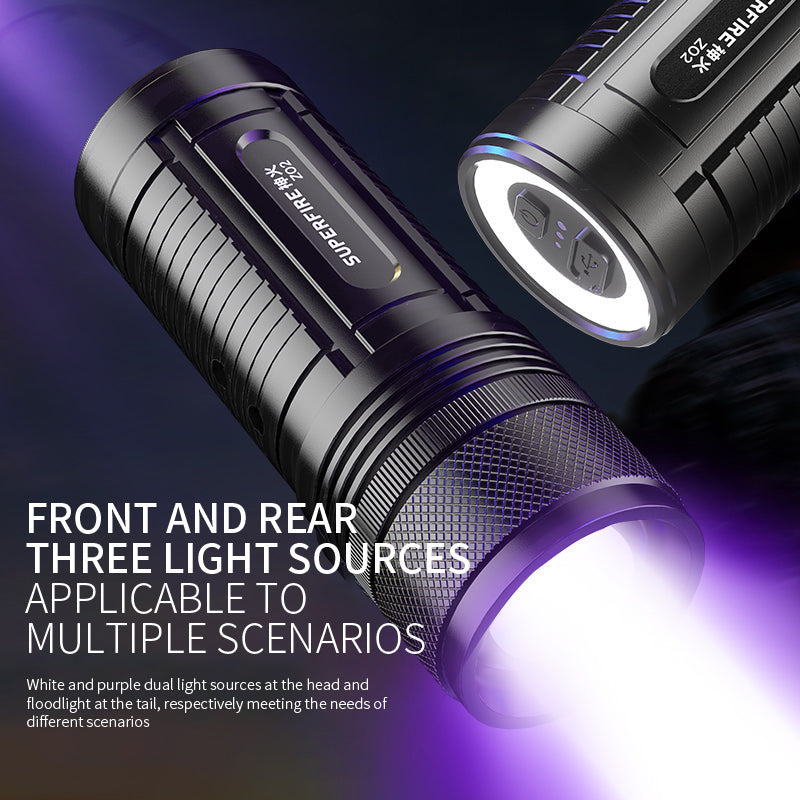 Focus LED flashlight 2 Lights(White/Purple)Dual light source USB Rechargeable Battery Camping FishingTorch | SUPERFIRE Z02