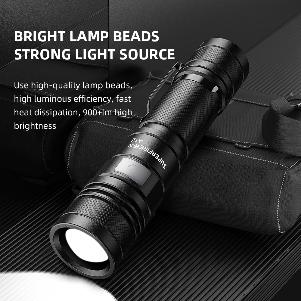 15W Zoomable Flashlight 18650 Type-C Tactical Torch Light For Camping Fishing | SUPERFIRE A12