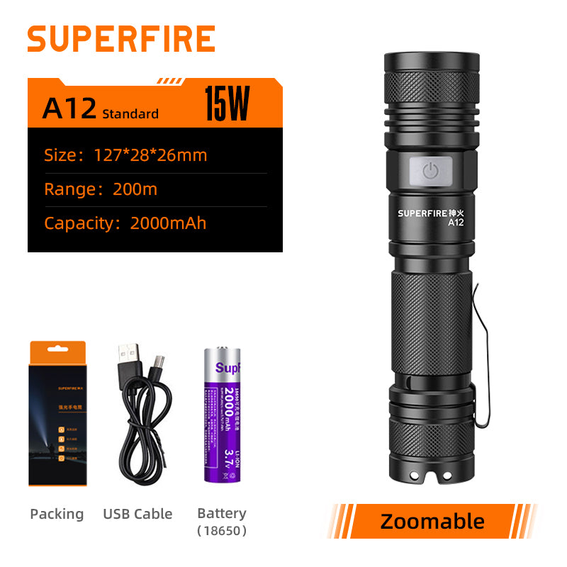 Lampe torche tactique 15W Zoomable 18650 Type-C pour la pêche au camping | SUPERFEU A12