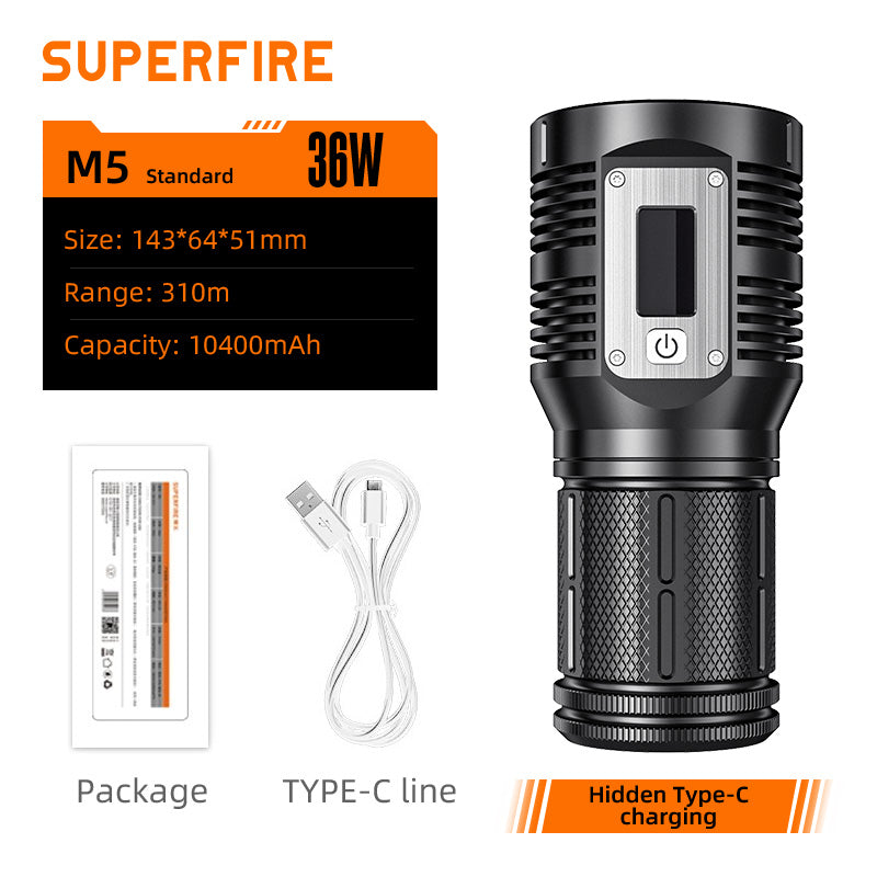 36W USB-C Lampe de poche rechargeable avec affichage LED Lanterne puissante Camping en plein air Torche de pêche | SUPERFEU M5
