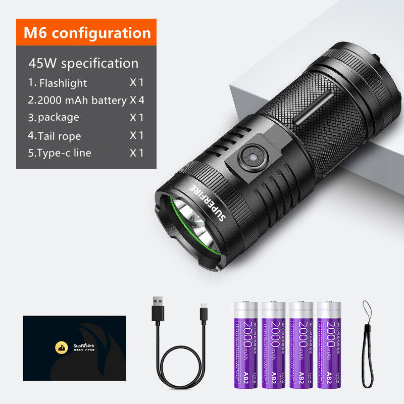 LED flashlight Ultra Bright torch 45W/36W Wick Type-C Rechargeable Multi Function Lanter Use 18650 battery 4Pcs | SUPERFIRE M6/S