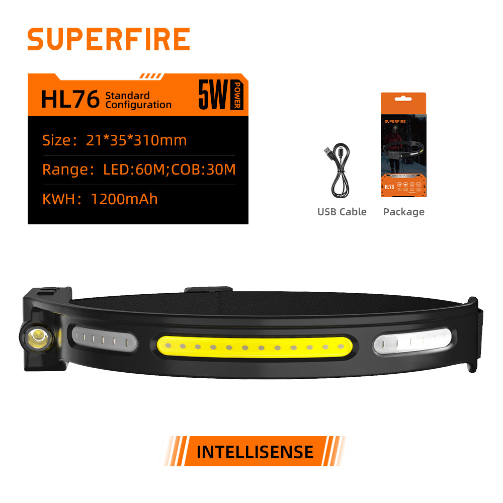 SUPERFIRE HL76 COB + LED Linterna frontal recargable Tipo-C Linterna frontal de carga Luz blanca y roja Sensor impermeable Linternas frontales para acampar Pesca Ciclismo