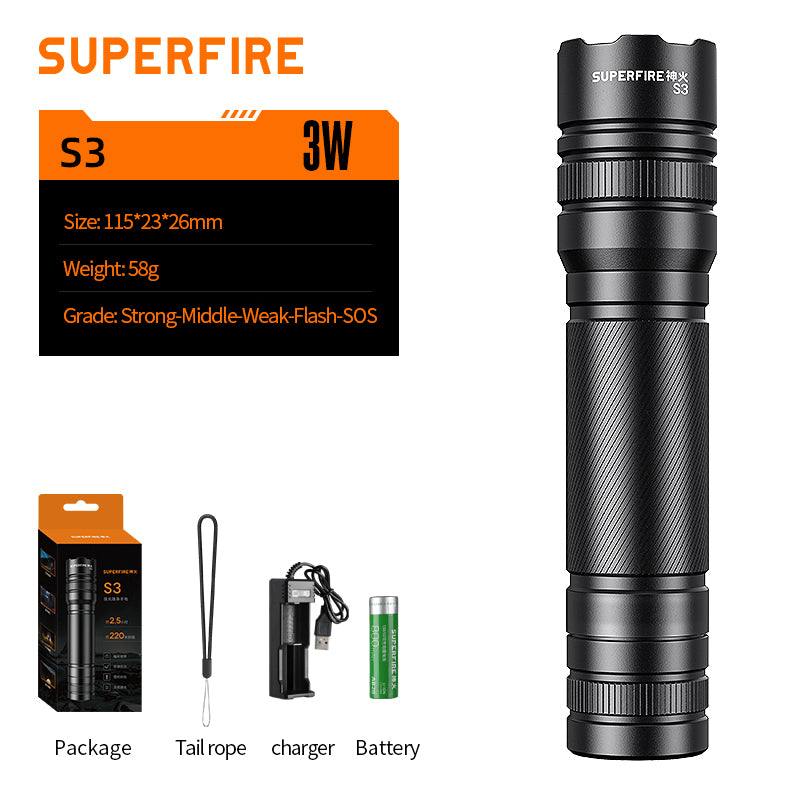 Mini LED Flashlight Waterproof Powerful Torch LED Zoomable Lanterna Built in Battery for Camping Outdoor Emergency | SUPERFIRE S3
